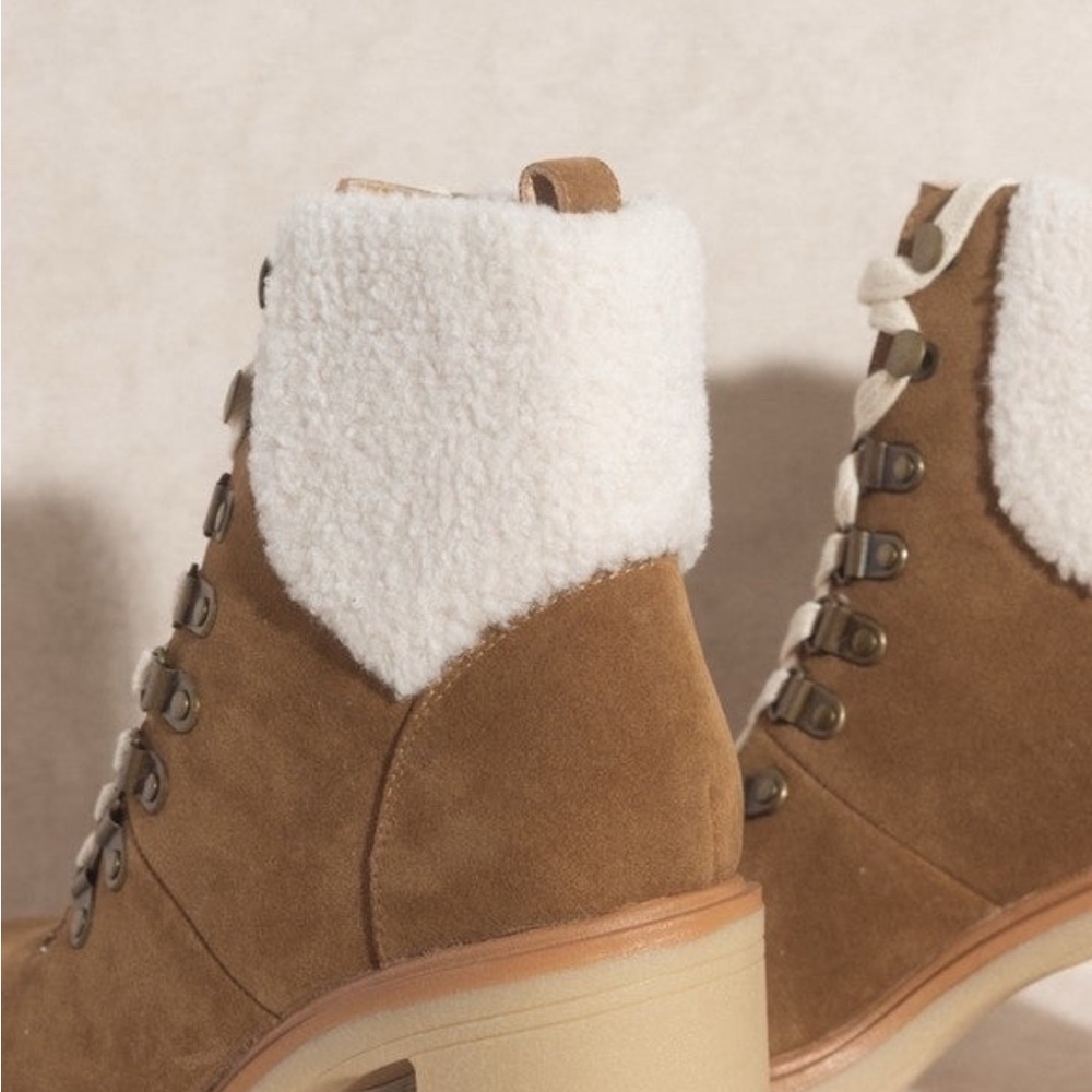 NWT Oasis Society Madilyn Camel Lace Up Chunky Heeled Boots Vegan Suede - Picture 6 of 8